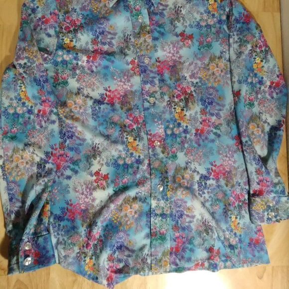 Vintage Shirt Accents Floral Pattern Polyester Disco Shirt - Picture 3 of 6